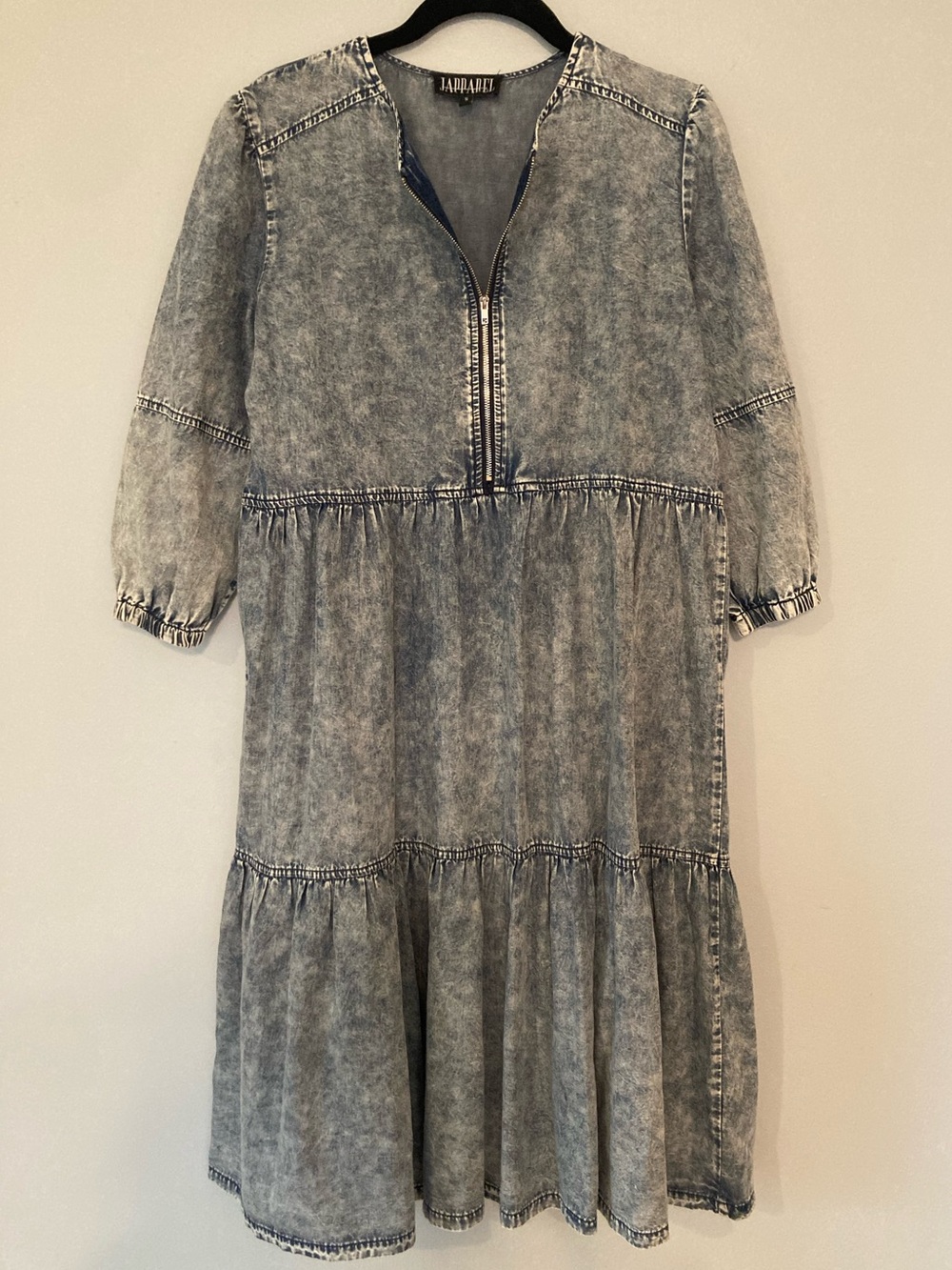 Blue Washed Tiered Casual Dress with 1/4 Zip 3/4 sleeves sz S by Japparel